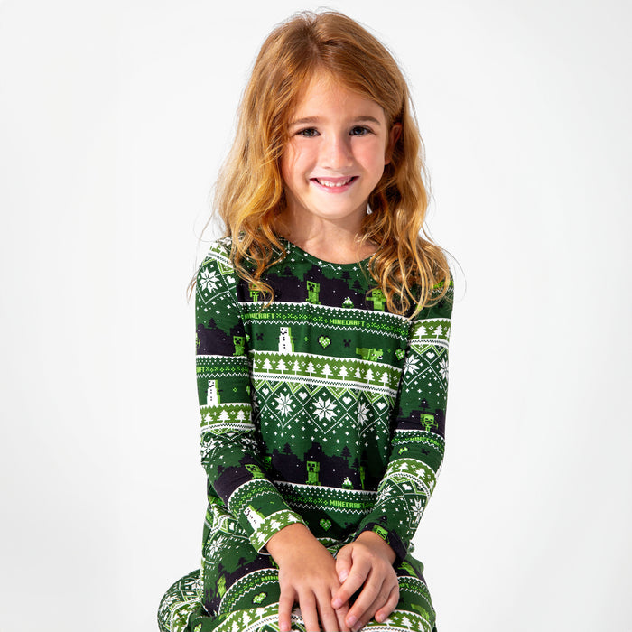 Minecraft: Creeper Holiday Bamboo Girls' Long Sleeve Dress