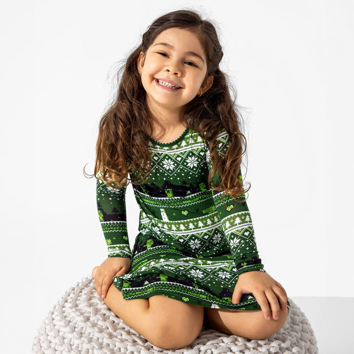 Minecraft: Creeper Holiday Bamboo Girls' Long Sleeve Dress