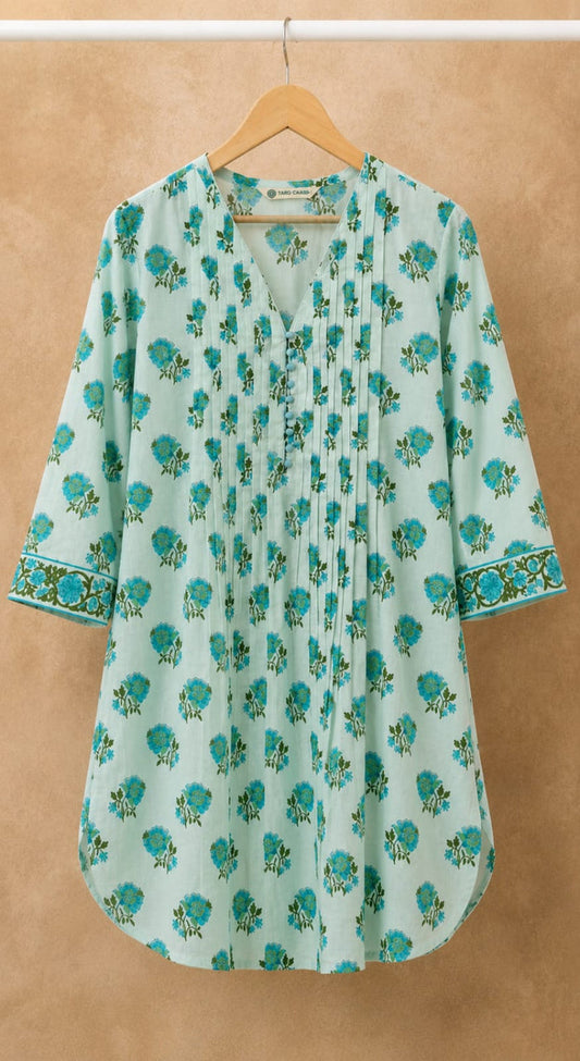 Mint Green Floral Booti Pintuck Short Kurti - Tara-C-Tara