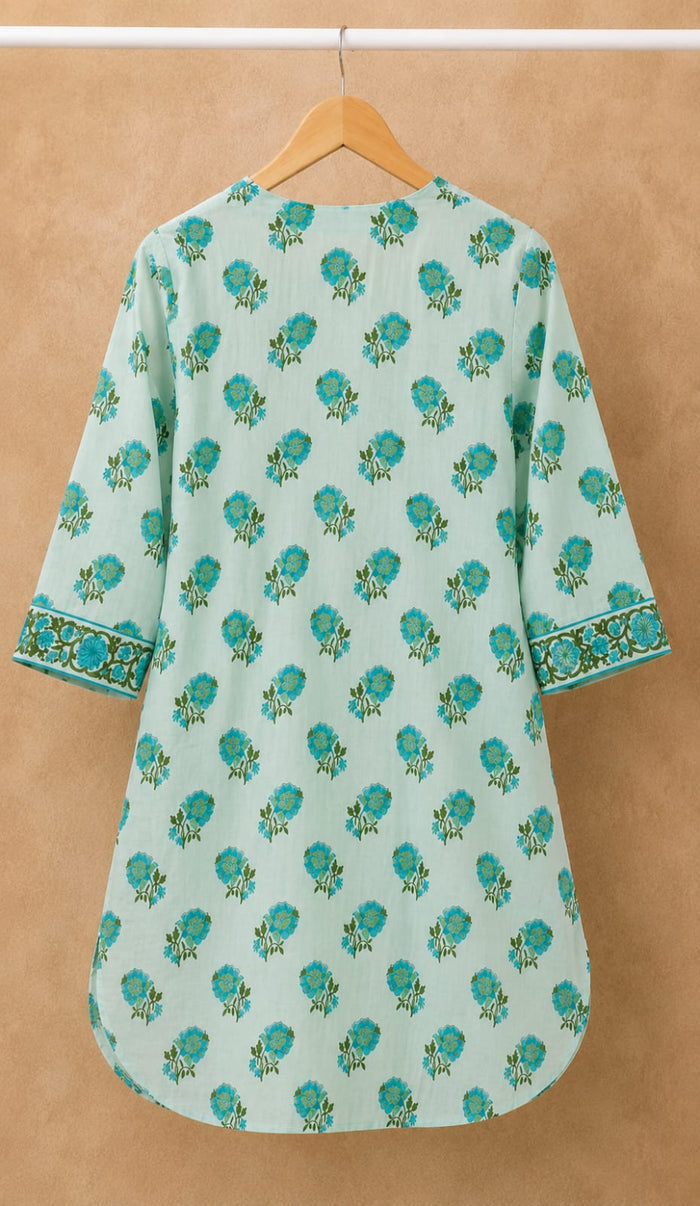 Mint Green Floral Booti Pintuck Short Kurti - Tara-C-Tara
