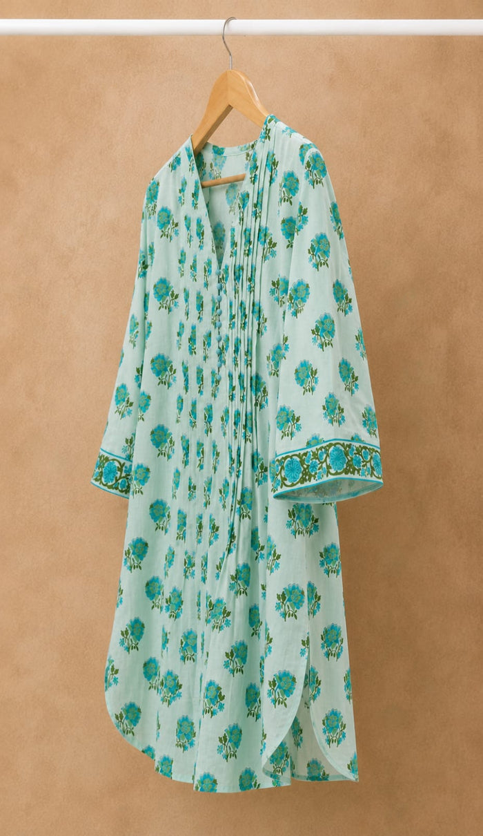 Mint Green Floral Booti Pintuck Short Kurti - Tara-C-Tara