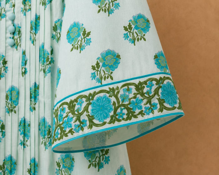 Mint Green Floral Booti Pintuck Short Kurti - Tara-C-Tara