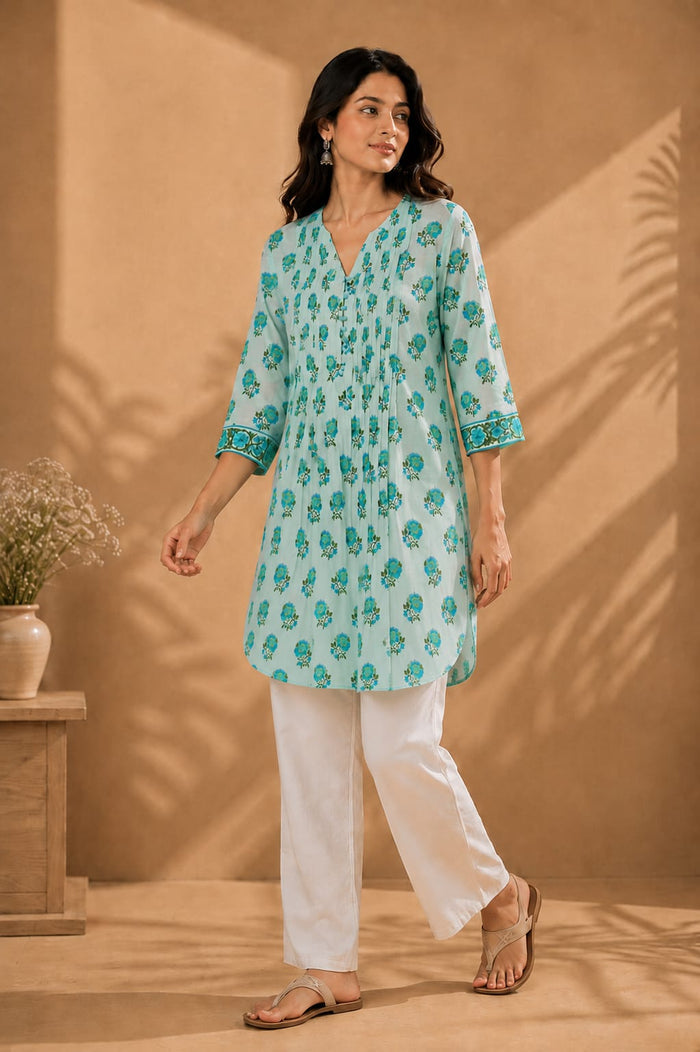 Mint Green Floral Booti Pintuck Short Kurti - Tara-C-Tara