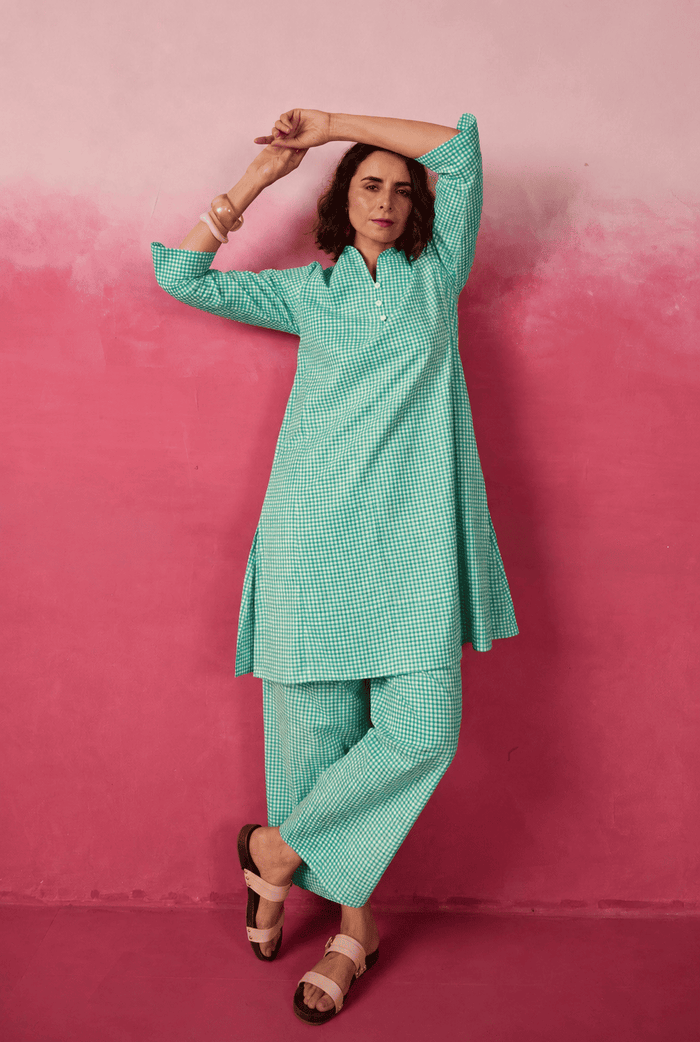Mint Green Gingham Check Printed Cotton Co-ord Set - Tara-C-Tara