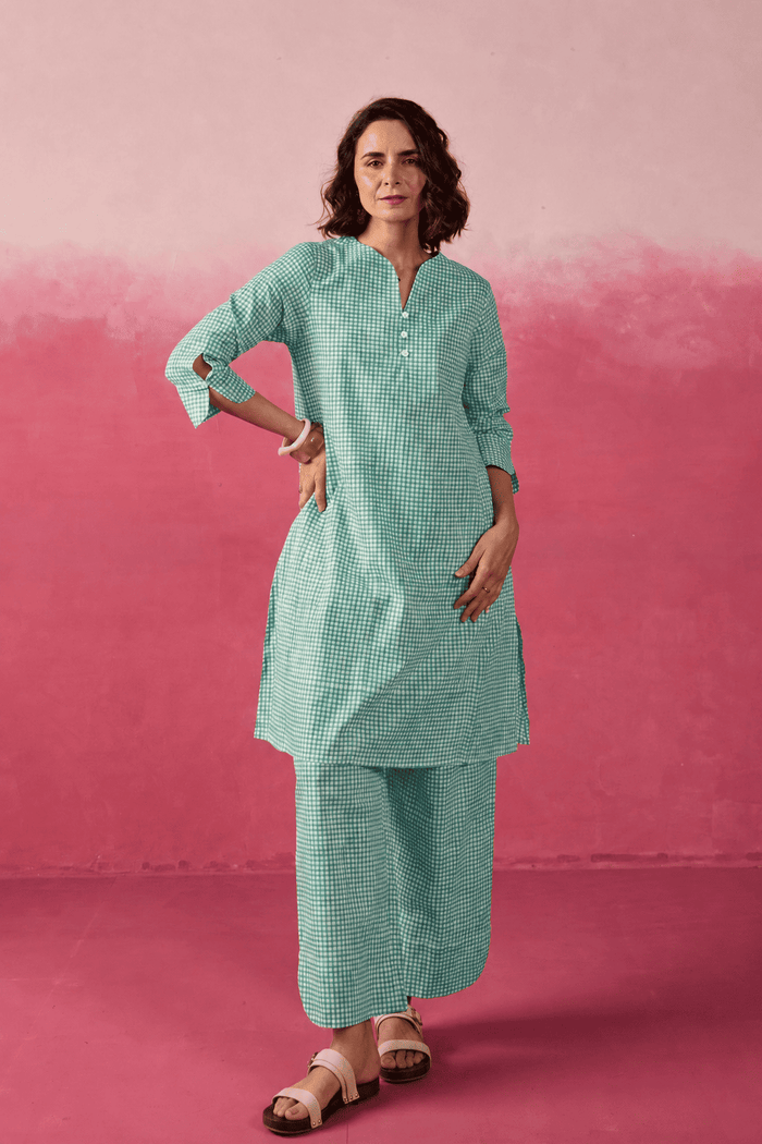 Mint Green Gingham Check Printed Cotton Co-ord Set - Tara-C-Tara