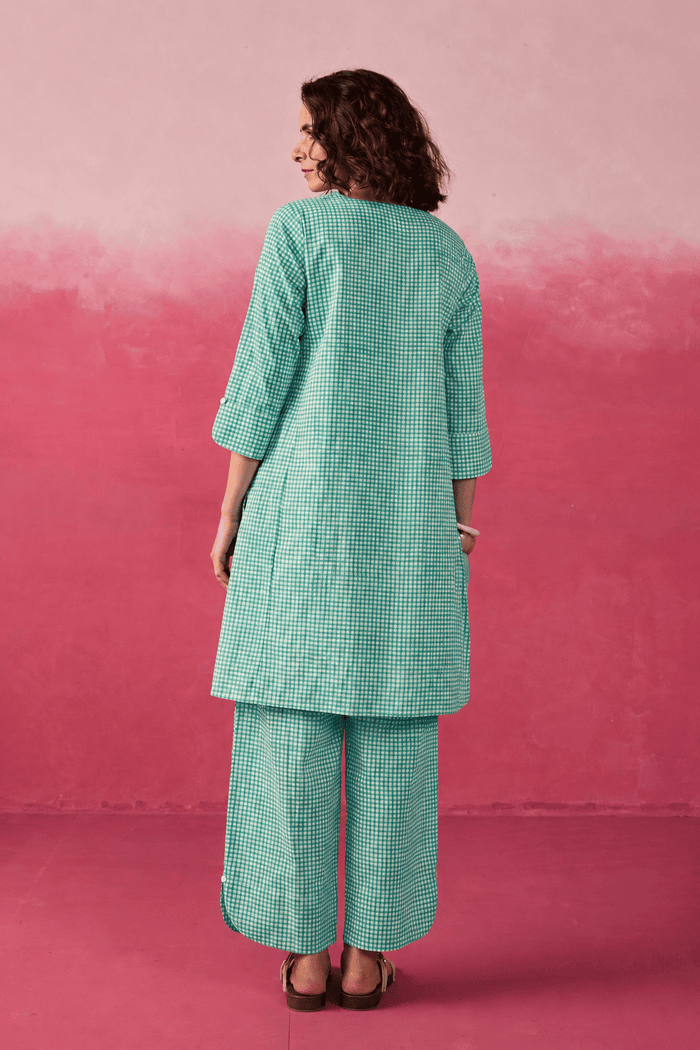 Mint Green Gingham Check Printed Cotton Co-ord Set - Tara-C-Tara