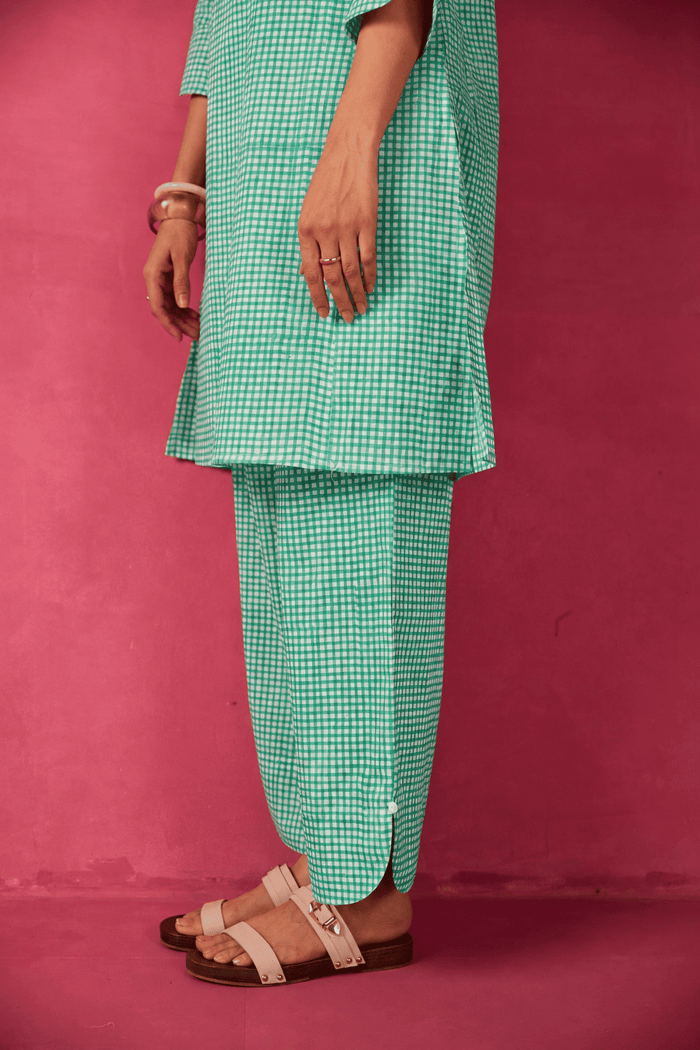Mint Green Gingham Check Printed Cotton Co-ord Set - Tara-C-Tara