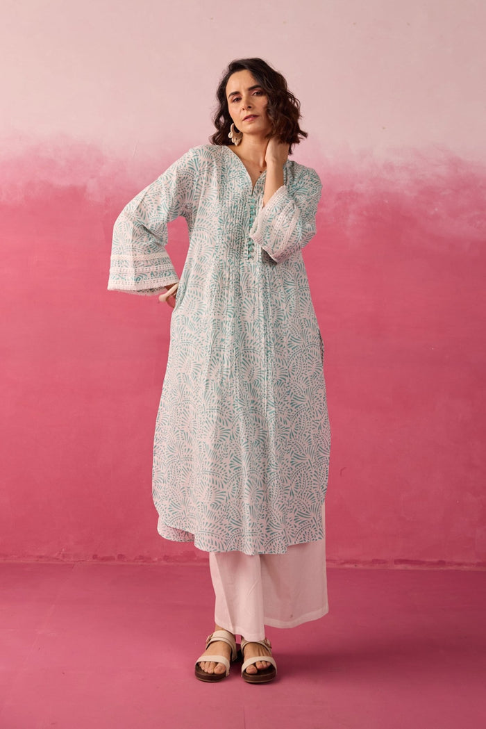 Mint Green Hand Block Printed Kurta & White Pant Co - ord Set - Tara - C - Tara
