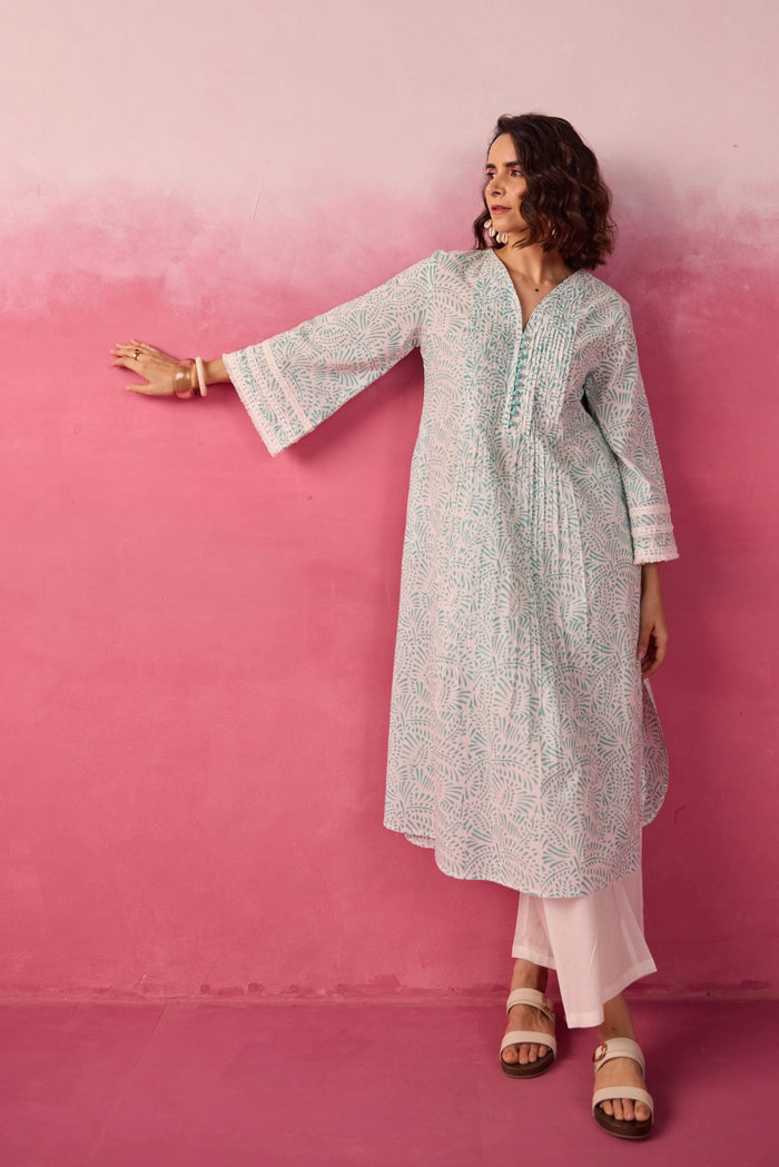 Mint Green Hand Block Printed Kurta & White Pant Co - ord Set - Tara - C - Tara