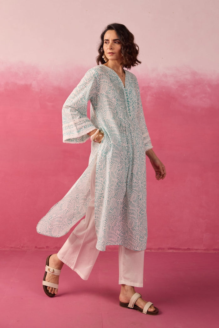 Mint Green Hand Block Printed Kurta & White Pant Co - ord Set - Tara - C - Tara