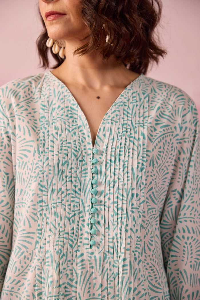 Mint Green Hand Block Printed Kurta & White Pant Co - ord Set - Tara - C - Tara