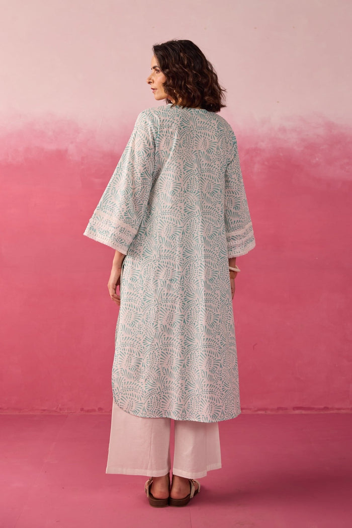 Mint Green Hand Block Printed Kurta & White Pant Co - ord Set - Tara - C - Tara