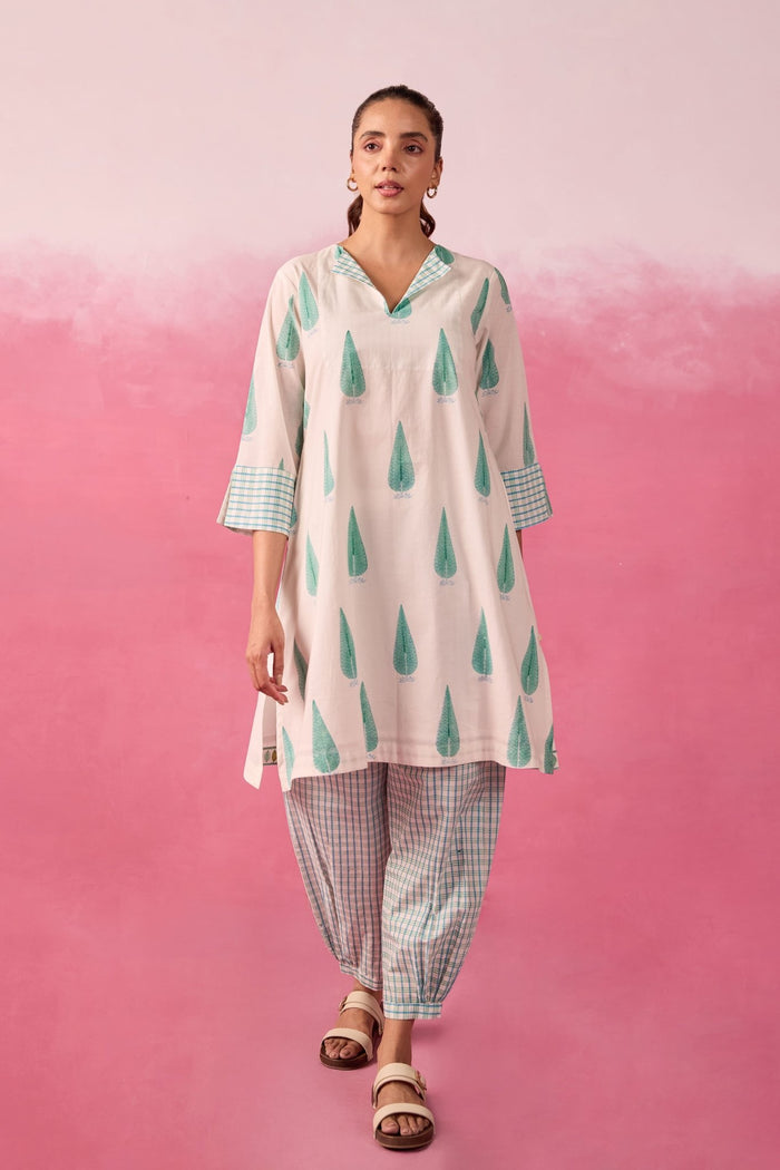 Mint Leaf & Check Hand Block Printed Co-ord Set - Tara-C-Tara