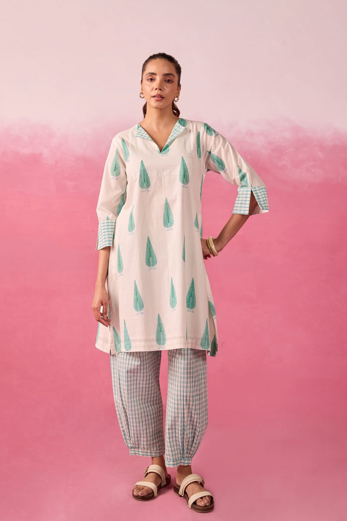 Mint Leaf & Check Hand Block Printed Co-ord Set - Tara-C-Tara