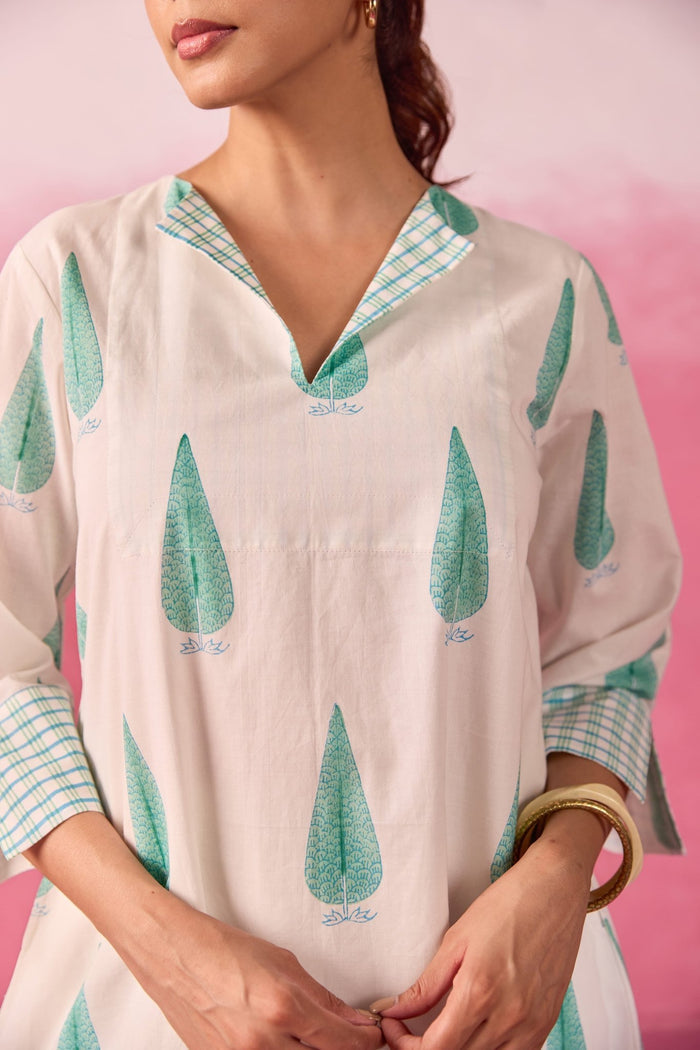 Mint Leaf & Check Hand Block Printed Co-ord Set - Tara-C-Tara