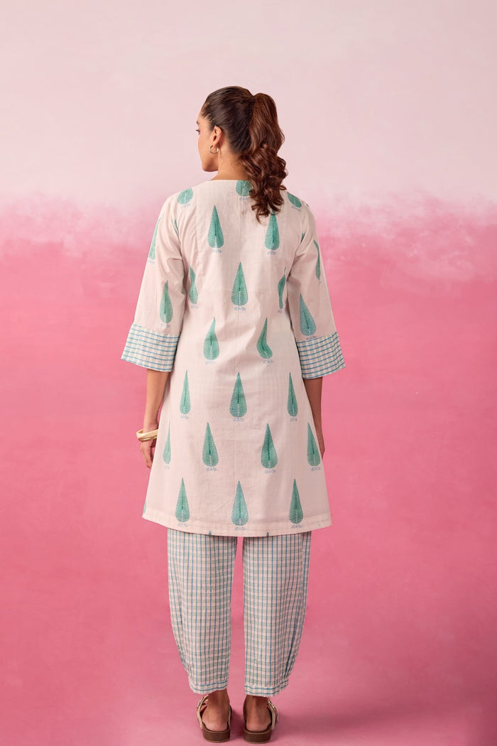 Mint Leaf & Check Hand Block Printed Co-ord Set - Tara-C-Tara