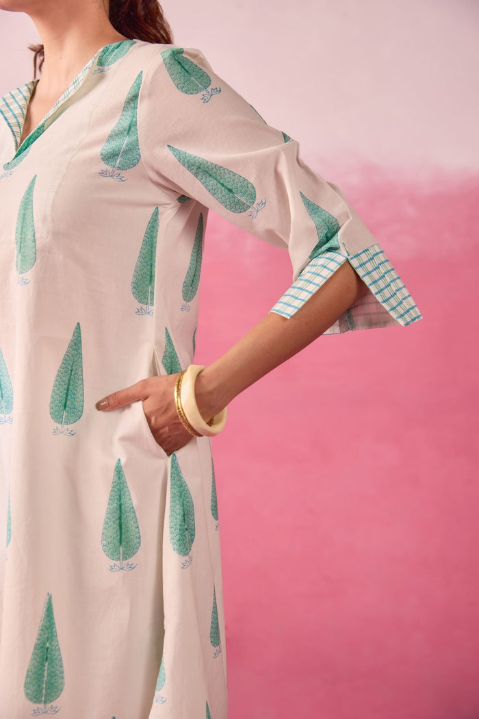 Mint Leaf & Check Hand Block Printed Co-ord Set - Tara-C-Tara