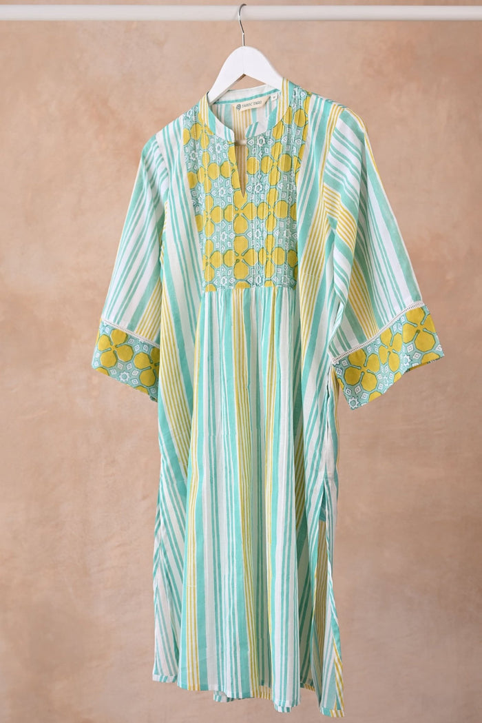 Mint & Yellow Stripe Block Printed Kurta - Tara - C - Tara