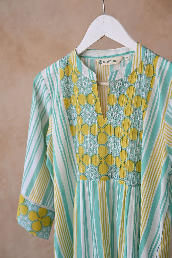 Mint & Yellow Stripe Block Printed Kurta - Tara - C - Tara