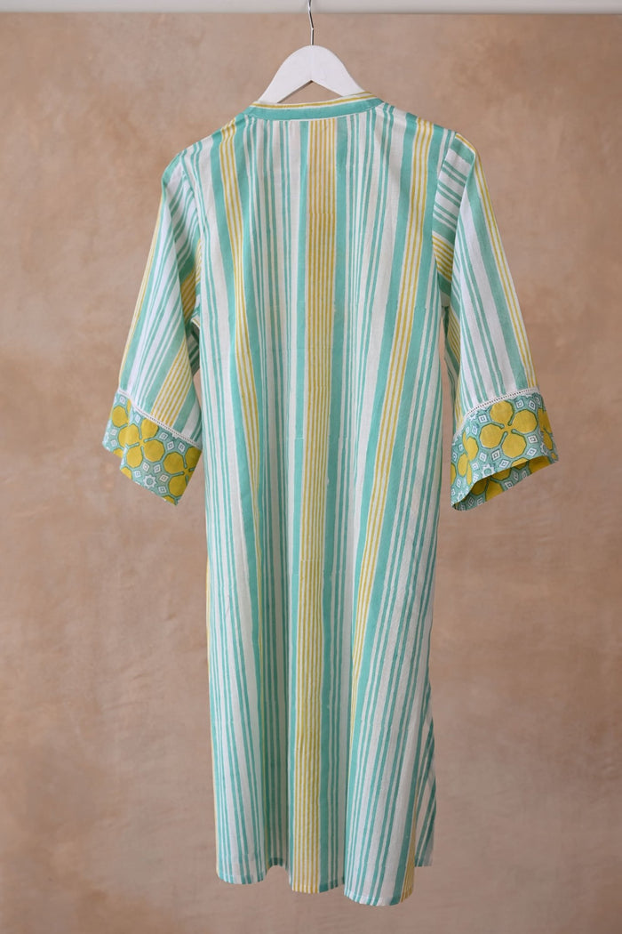 Mint & Yellow Stripe Block Printed Kurta - Tara - C - Tara