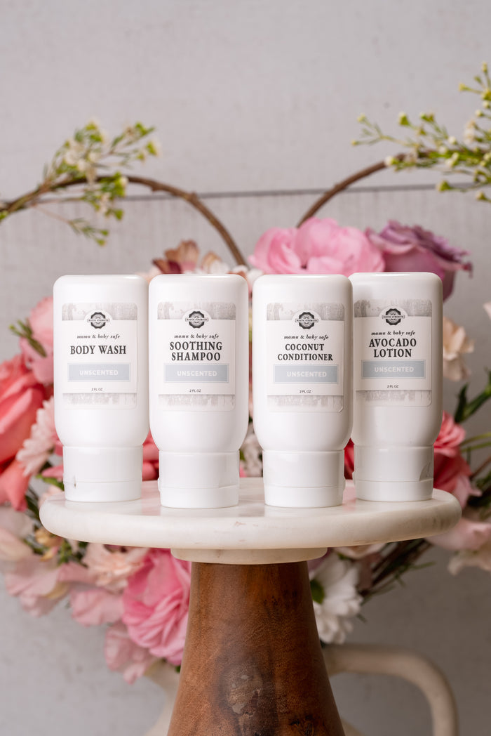 Rustic Strength, Mama + Baby Safe Travel Kit, 2oz Plastic with Body Wash, Shampoo, Coconut Condition and Avocado Lotion