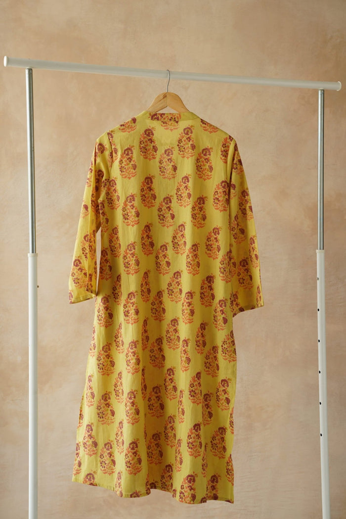 Mustard Buta Hand Block Print Pintuck Kurta - Tara - C - Tara