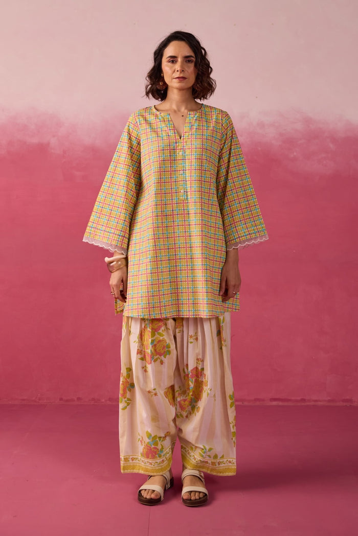 Mustard Checks & Floral Printed Farsi Salwar Printed Co - ord Set - Tara - C - Tara
