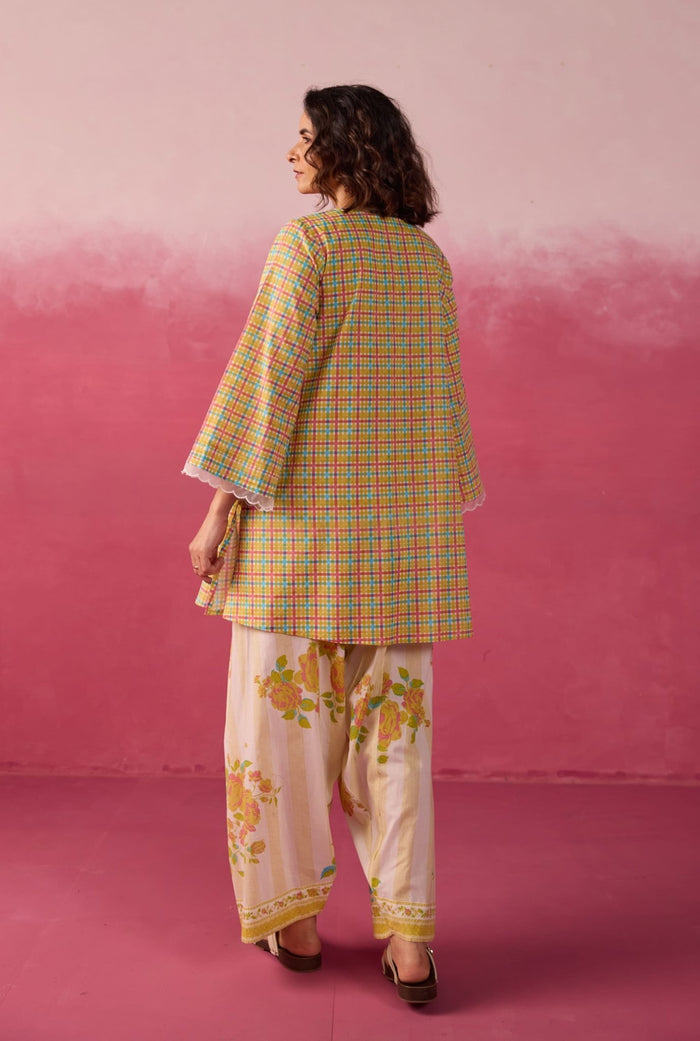 Mustard Checks & Floral Printed Farsi Salwar Printed Co - ord Set - Tara - C - Tara
