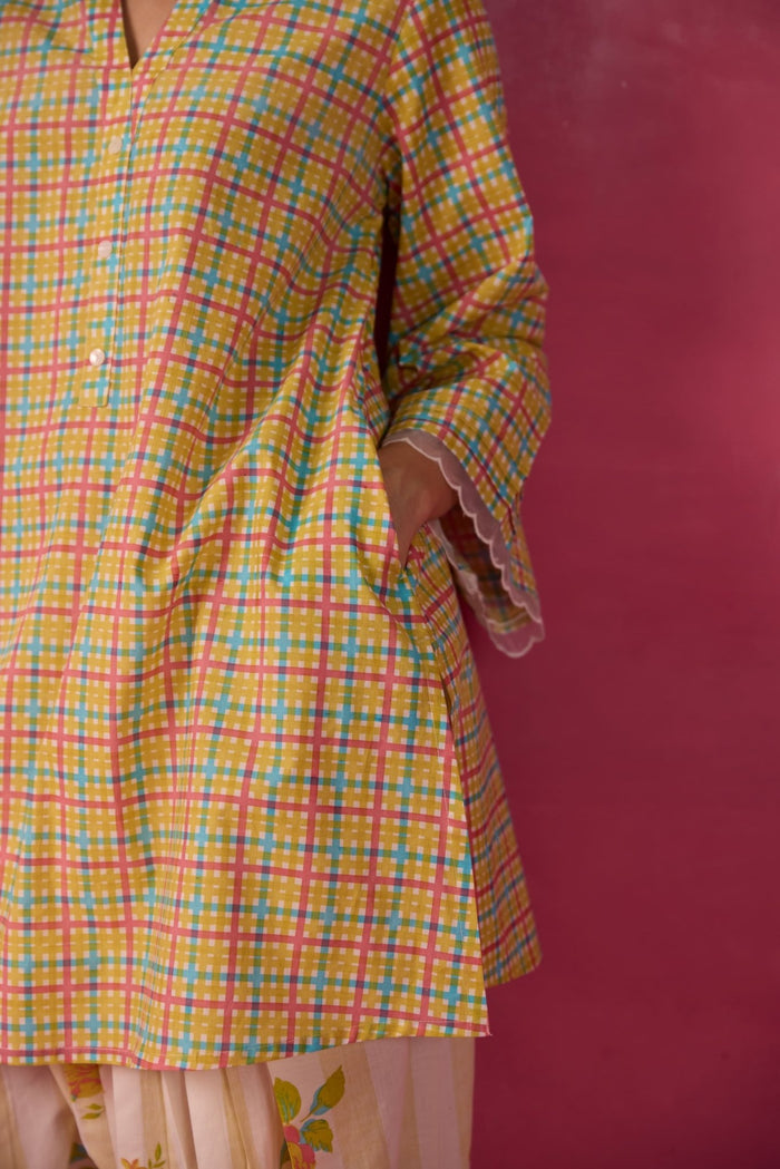 Mustard Checks & Floral Printed Farsi Salwar Printed Co - ord Set - Tara - C - Tara