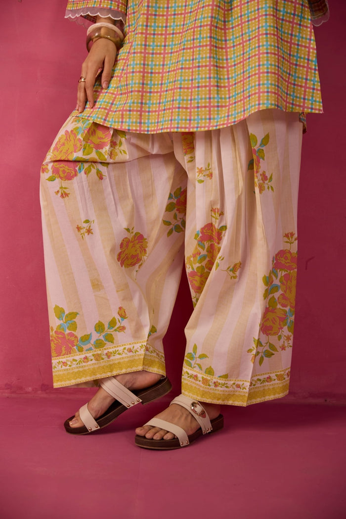 Mustard Checks & Floral Printed Farsi Salwar Printed Co - ord Set - Tara - C - Tara
