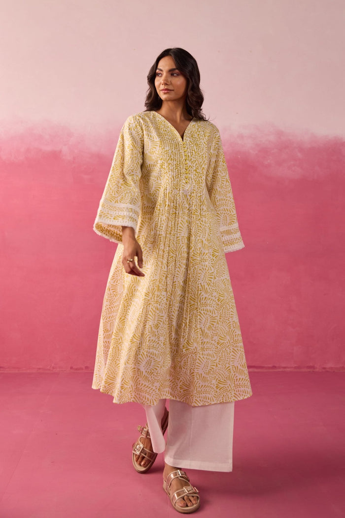 Mustard Hand Block Print Gathered Kurta & White Pant Co - ord Set - Tara - C - Tara