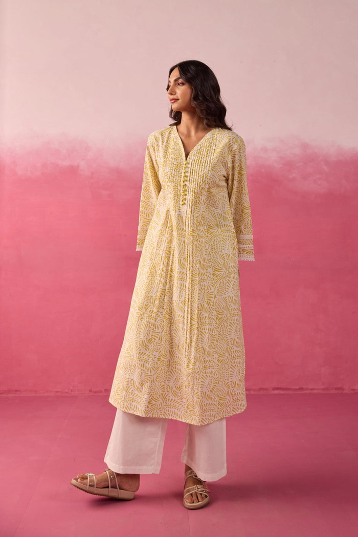 Mustard Hand Block Print Gathered Kurta & White Pant Co - ord Set - Tara - C - Tara