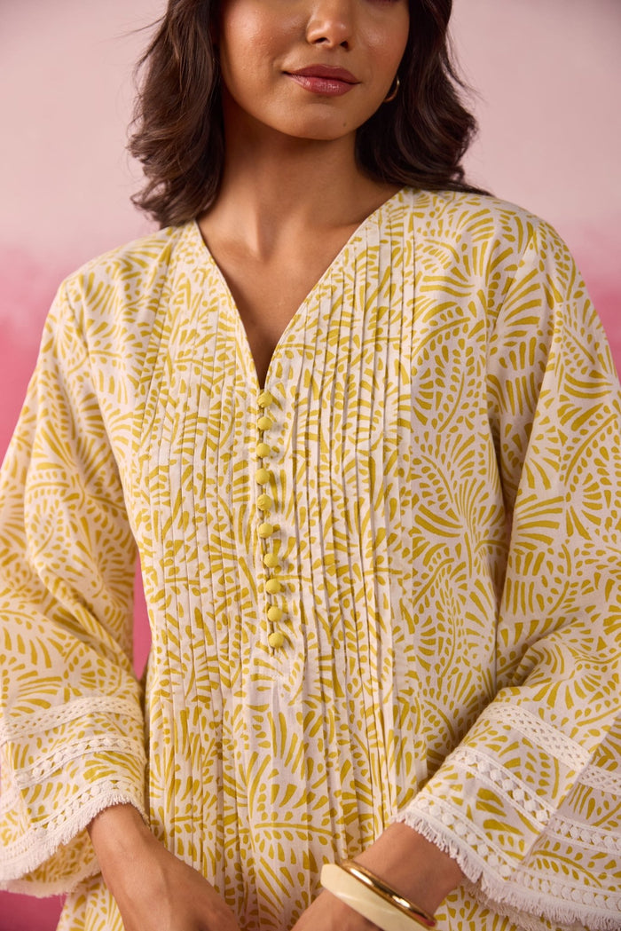 Mustard Hand Block Print Gathered Kurta & White Pant Co - ord Set - Tara - C - Tara