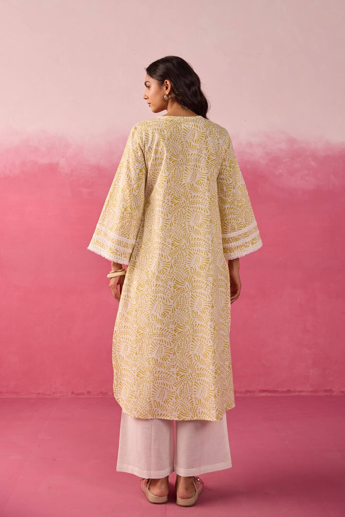 Mustard Hand Block Print Gathered Kurta & White Pant Co - ord Set - Tara - C - Tara
