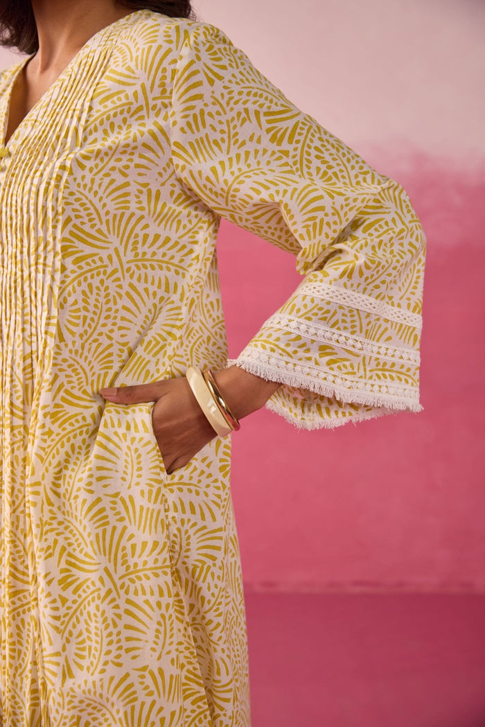 Mustard Hand Block Print Gathered Kurta & White Pant Co - ord Set - Tara - C - Tara