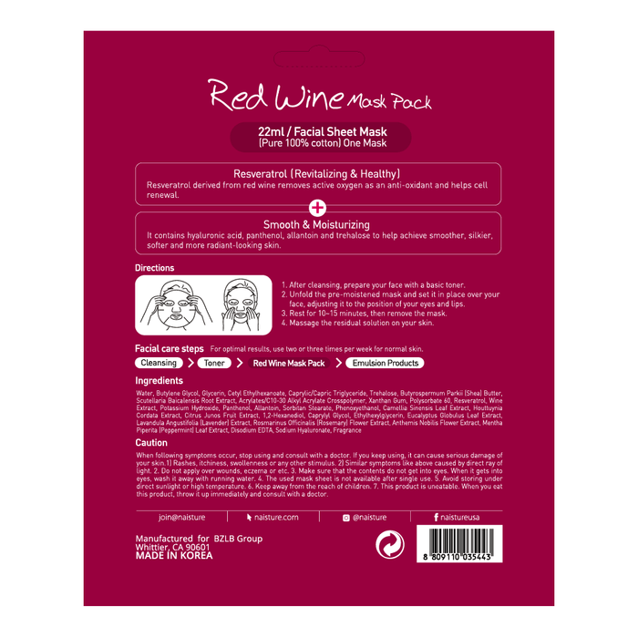 Naisture Red Wine Premium Sheet Mask (5pc Box)