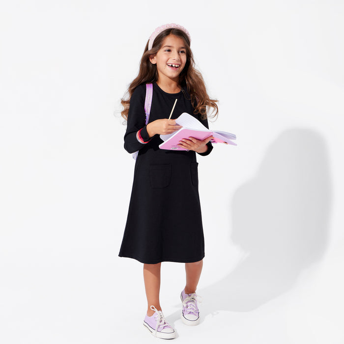 Obsidian Black Bamboo Terry Daywear Girls' Long Sleeve Dress