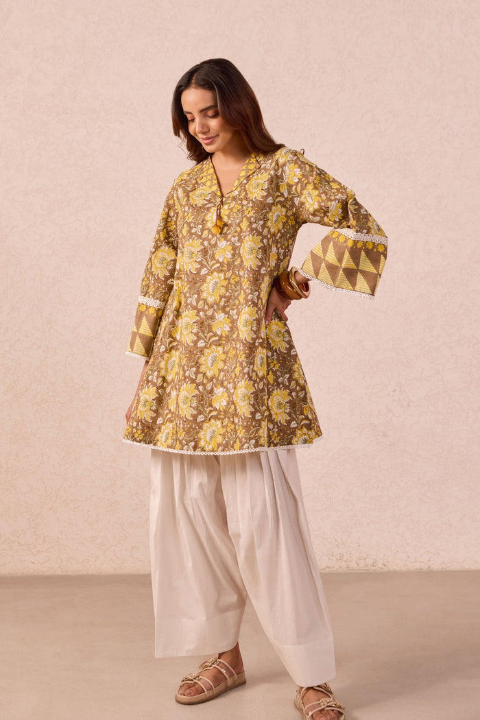 Olive Brown Floral Hand Block Printed Co-ord Set - Tara-C-Tara