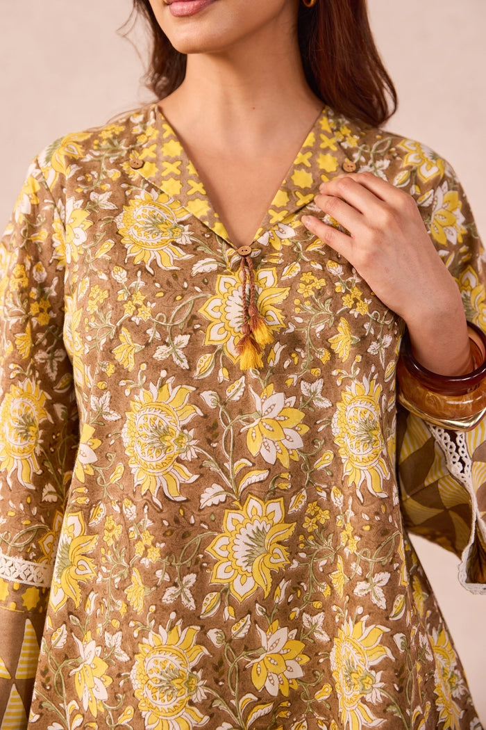 Olive Brown Floral Hand Block Printed Co-ord Set - Tara-C-Tara