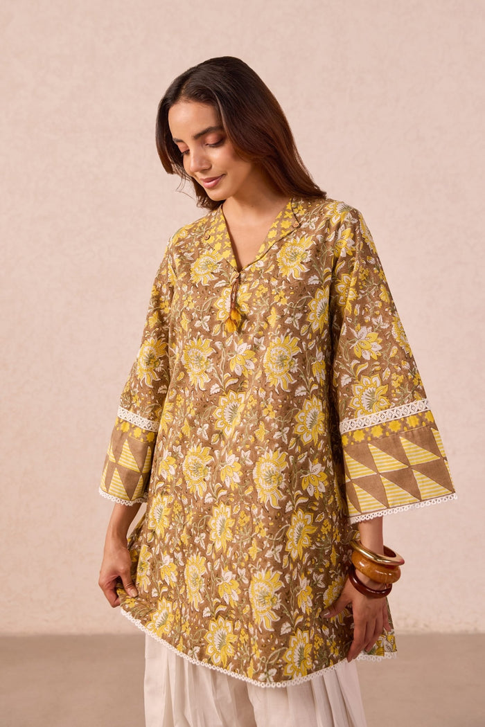 Olive Brown Floral Hand Block Printed Co-ord Set - Tara-C-Tara