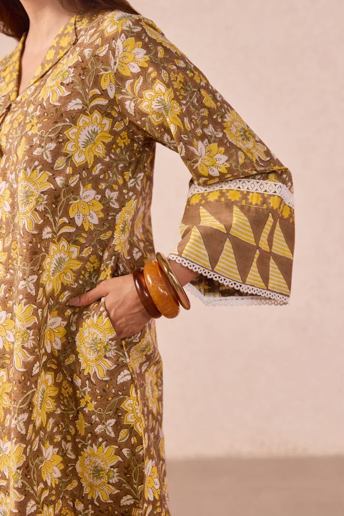Olive Brown Floral Hand Block Printed Co-ord Set - Tara-C-Tara