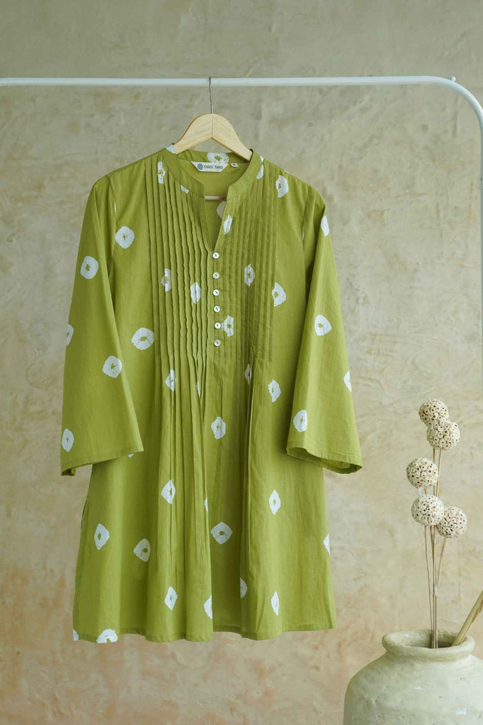 Olive Green Bandhej Block Print Pintuck Tunic - Tara-C-Tara