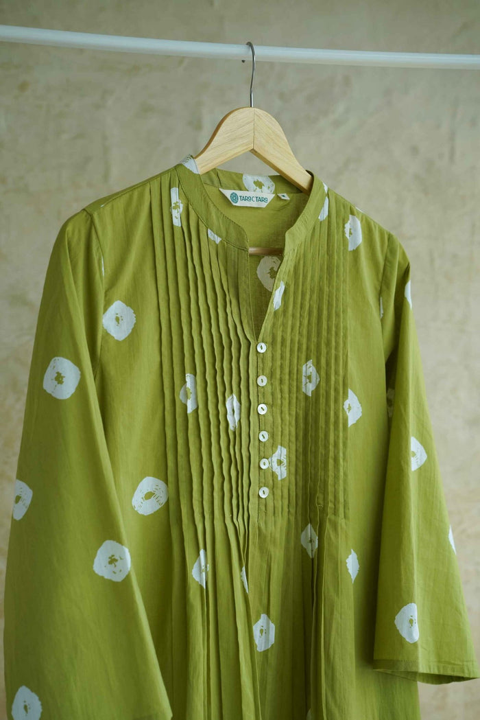 Olive Green Bandhej Block Print Pintuck Tunic - Tara-C-Tara