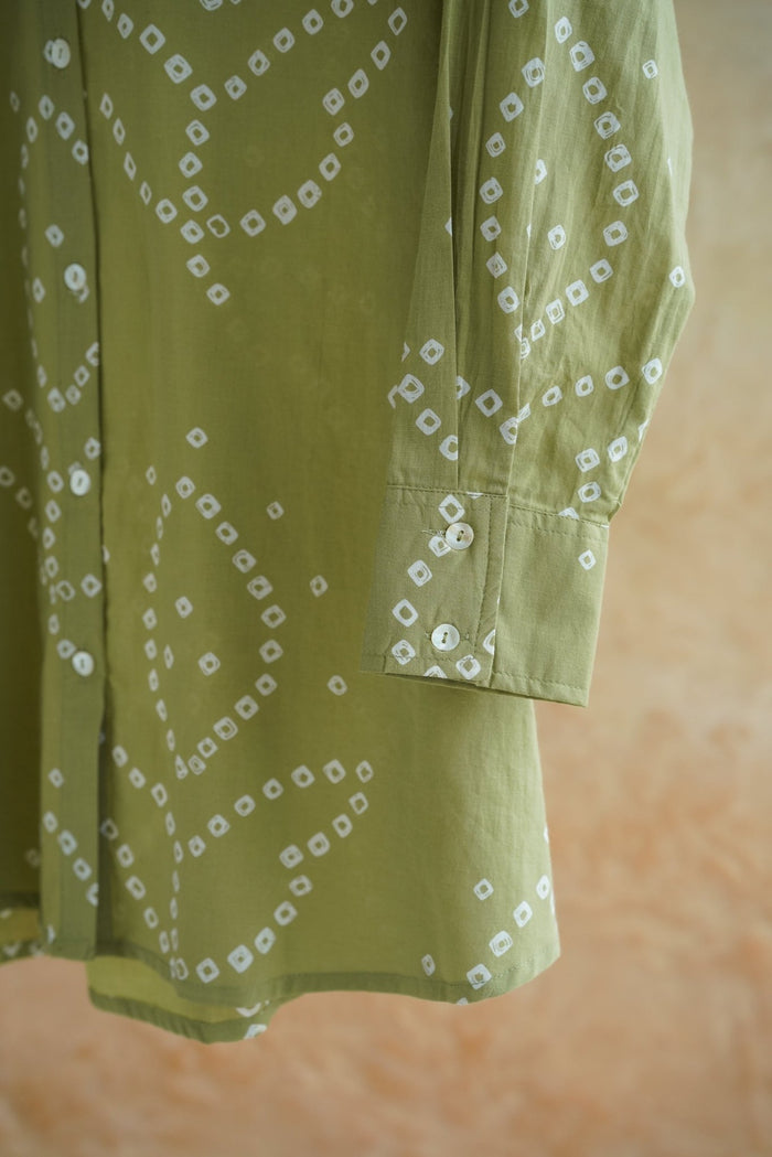 Olive Green Bandhej Geometric Hand Block Printed Cotton Shirt - Tara-C-Tara