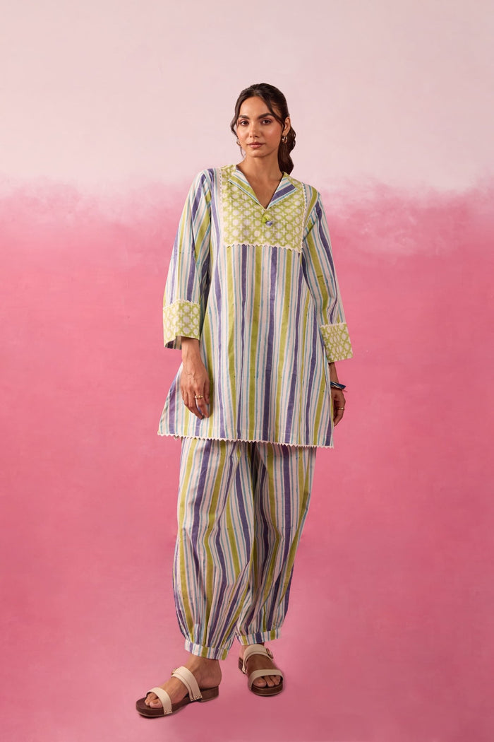 Olive & Indigo Stripe Hand Block Printed Co-ord Set - Tara-C-Tara