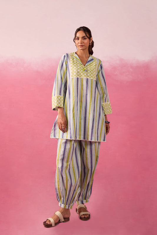 Olive & Indigo Stripe Hand Block Printed Co-ord Set - Tara-C-Tara