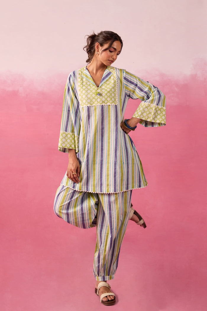 Olive & Indigo Stripe Hand Block Printed Co-ord Set - Tara-C-Tara