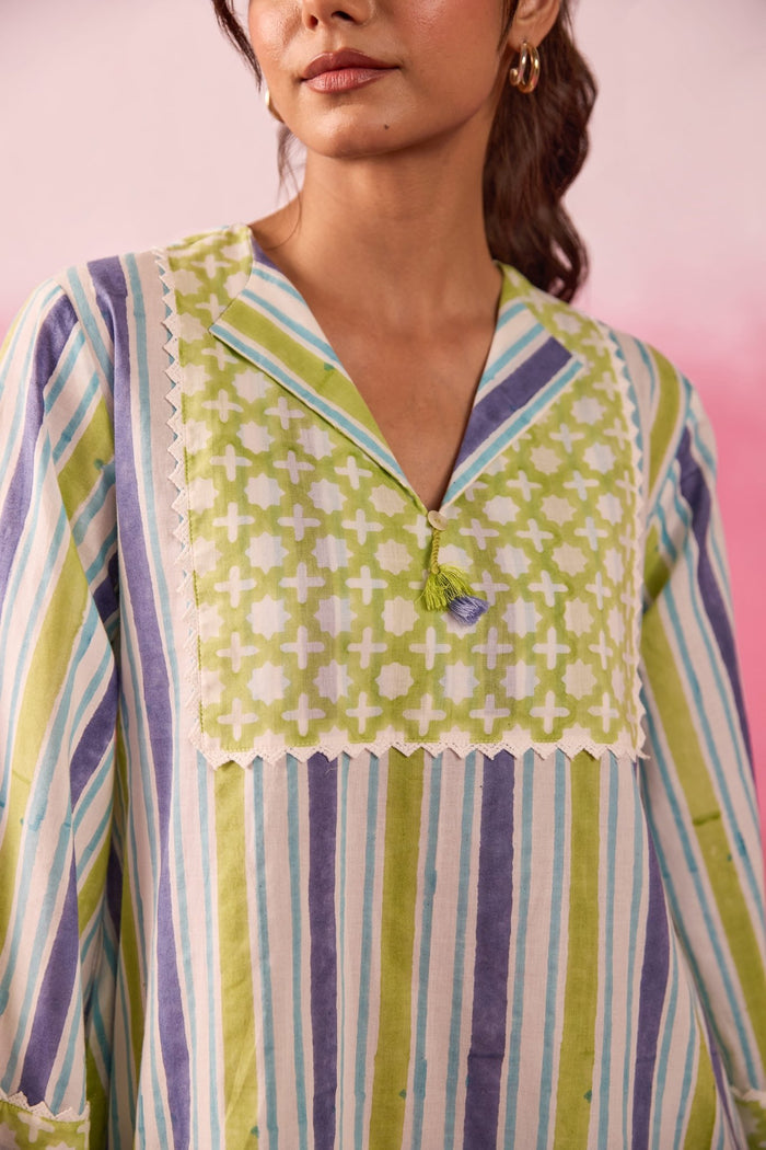 Olive & Indigo Stripe Hand Block Printed Co-ord Set - Tara-C-Tara