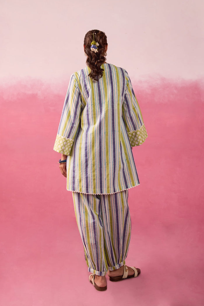 Olive & Indigo Stripe Hand Block Printed Co-ord Set - Tara-C-Tara