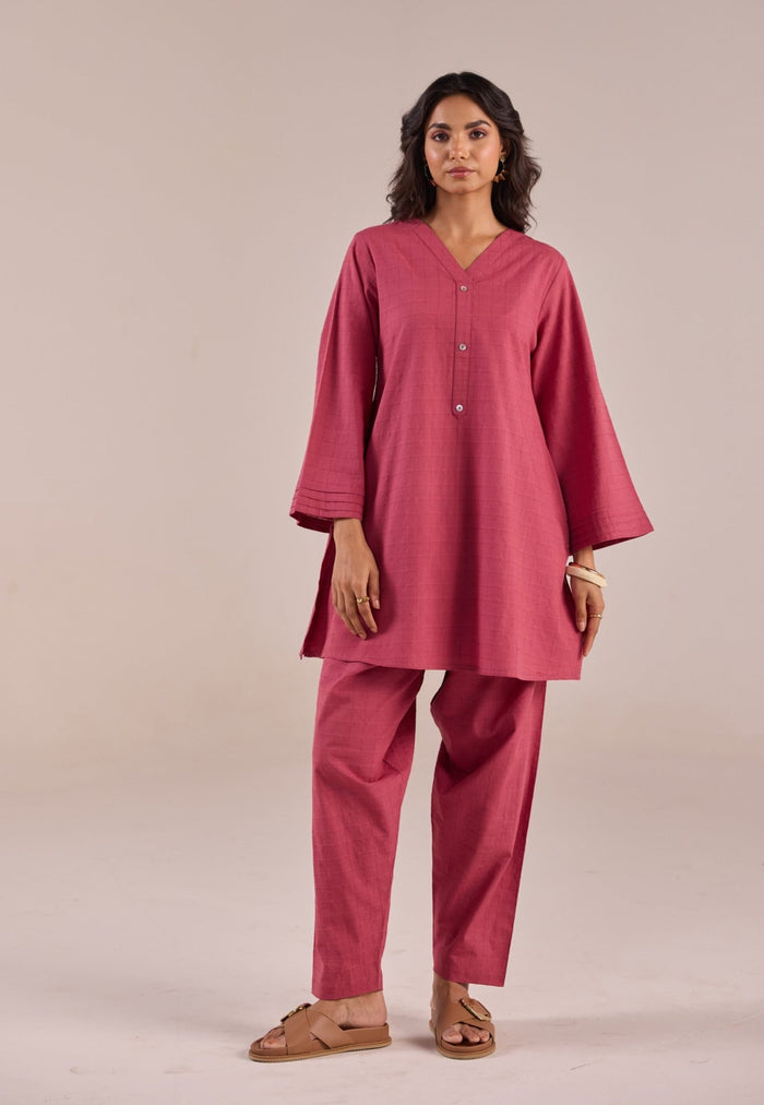 Onion Pink Solid Checks Co - ord Set - Tara - C - Tara